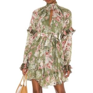 Hemant & Nandita Neem smocked high neck belted green floral mini dress XS
